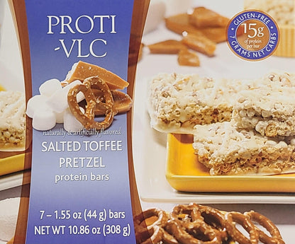 AmBari Nutrition Salted Toffee Pretzel Bar, a protein bar with salted toffee and pretzel pieces, shown in the image.
