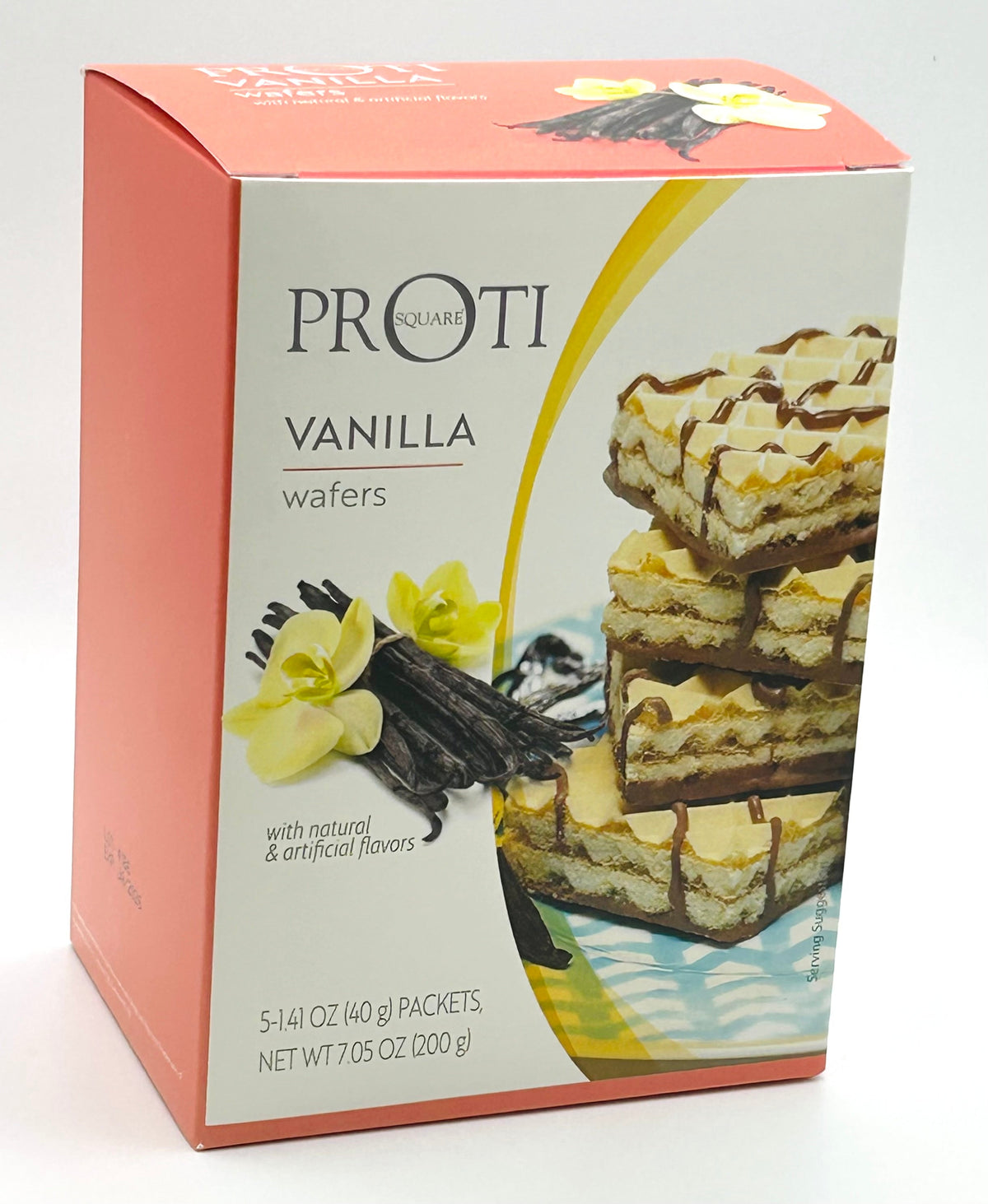 AmBari Nutrition Proti Vanilla Wafer Squares bar with crispy vanilla wafers and creamy filling, ideal for a protein snack.