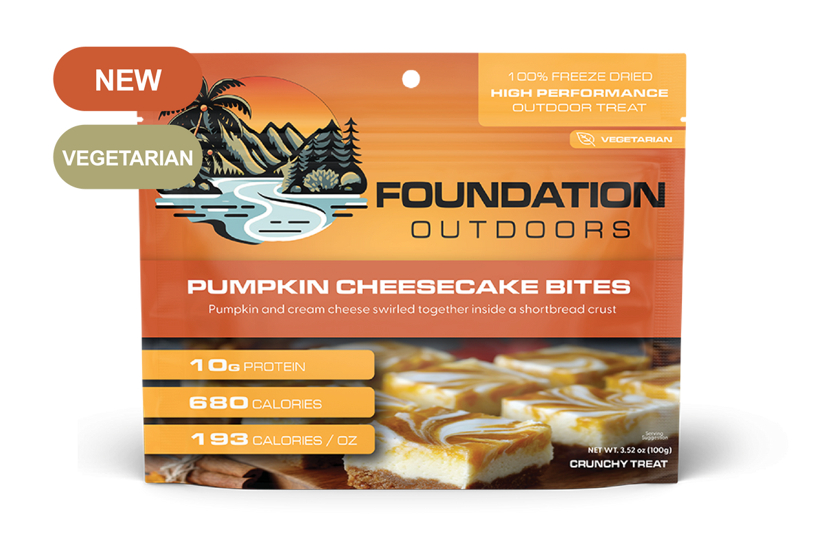 Pumpkin Cheesecake Bites from FOUNDATION Outdoors, close-up of creamy pumpkin cheesecake with a graham cracker crust.