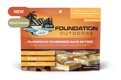 Pumpkin Cheesecake Bites from FOUNDATION Outdoors, close-up of creamy pumpkin cheesecake with a graham cracker crust.