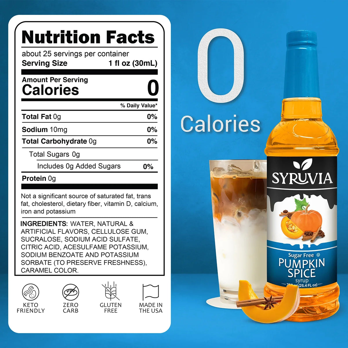 Bottle of Syruvia sugar free pumpkin spice syrup with a pumpkin and spice flavor profile, ideal for coffee and baking.