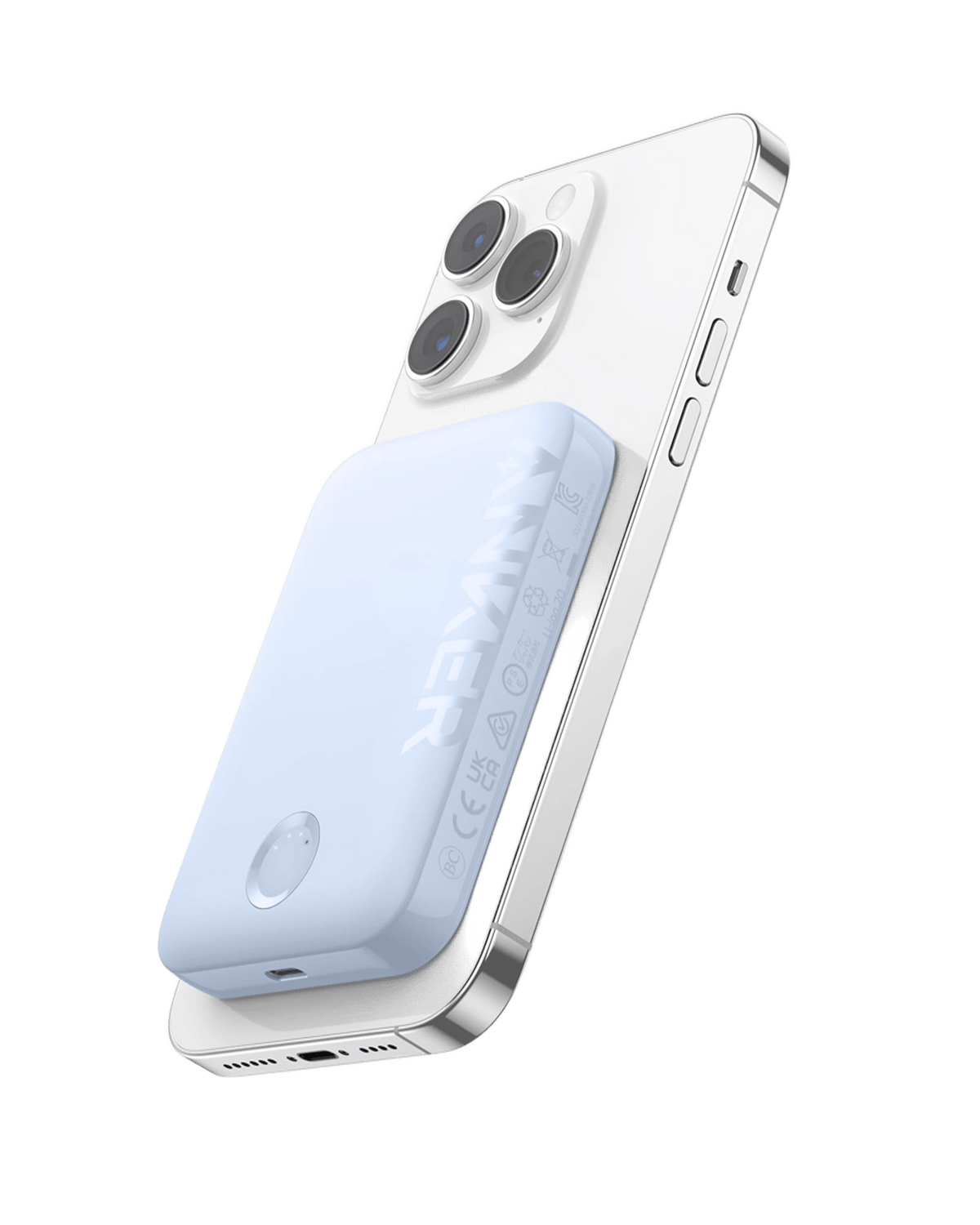 Anker 321 MagGo PowerCore Magnetic 5K portable battery showing purple color and magnetic charging surface.