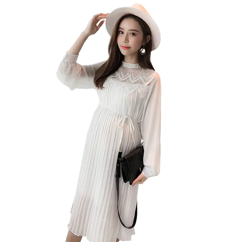 Chic Maternity Dress - Long Sleeve Pleated Chiffon