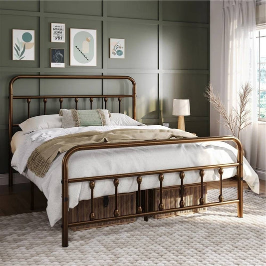 Vintage bronze queen size metal bed frame with headboard and footboard, sturdy platform design by BACKUPMYFILESNOW®