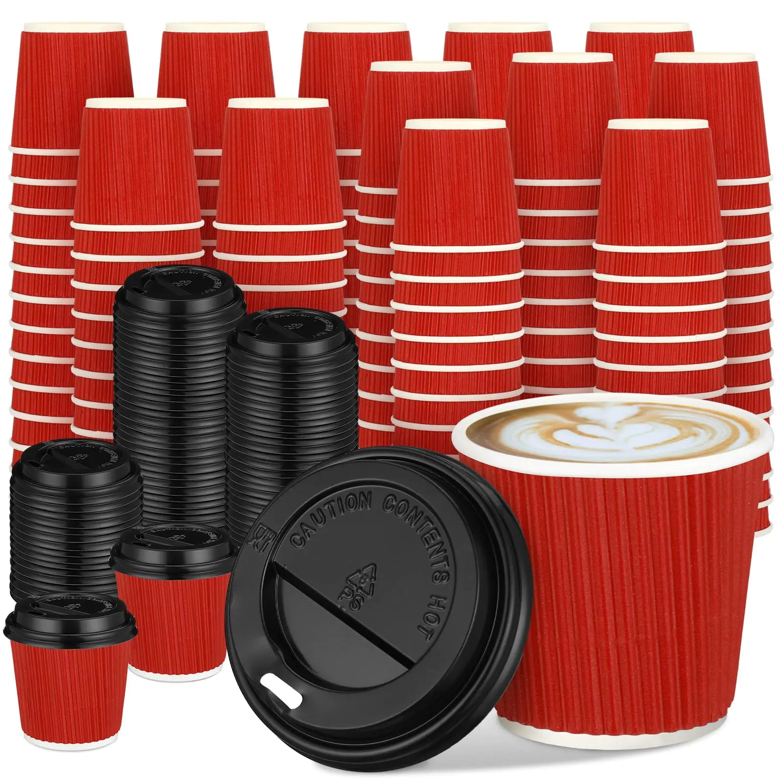 Uiifan 100 Set 4oz Disposable Espresso Cups with Lids Ripple Corrugated Paper Disposable Coffee Cups Insulated Hot Cups Ripple Cups for hot Chocolate Tea and Cocoa Drinks (Red)