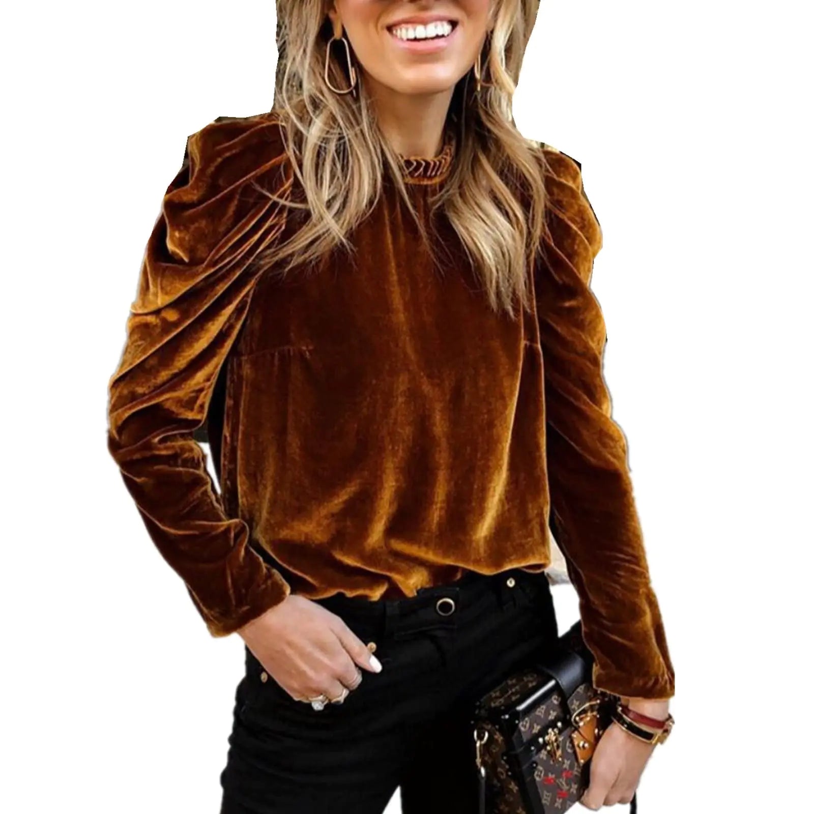 Women Mock Neck Puff Sleeve Velet Blouse Frilled Work Office Solid Top Brown