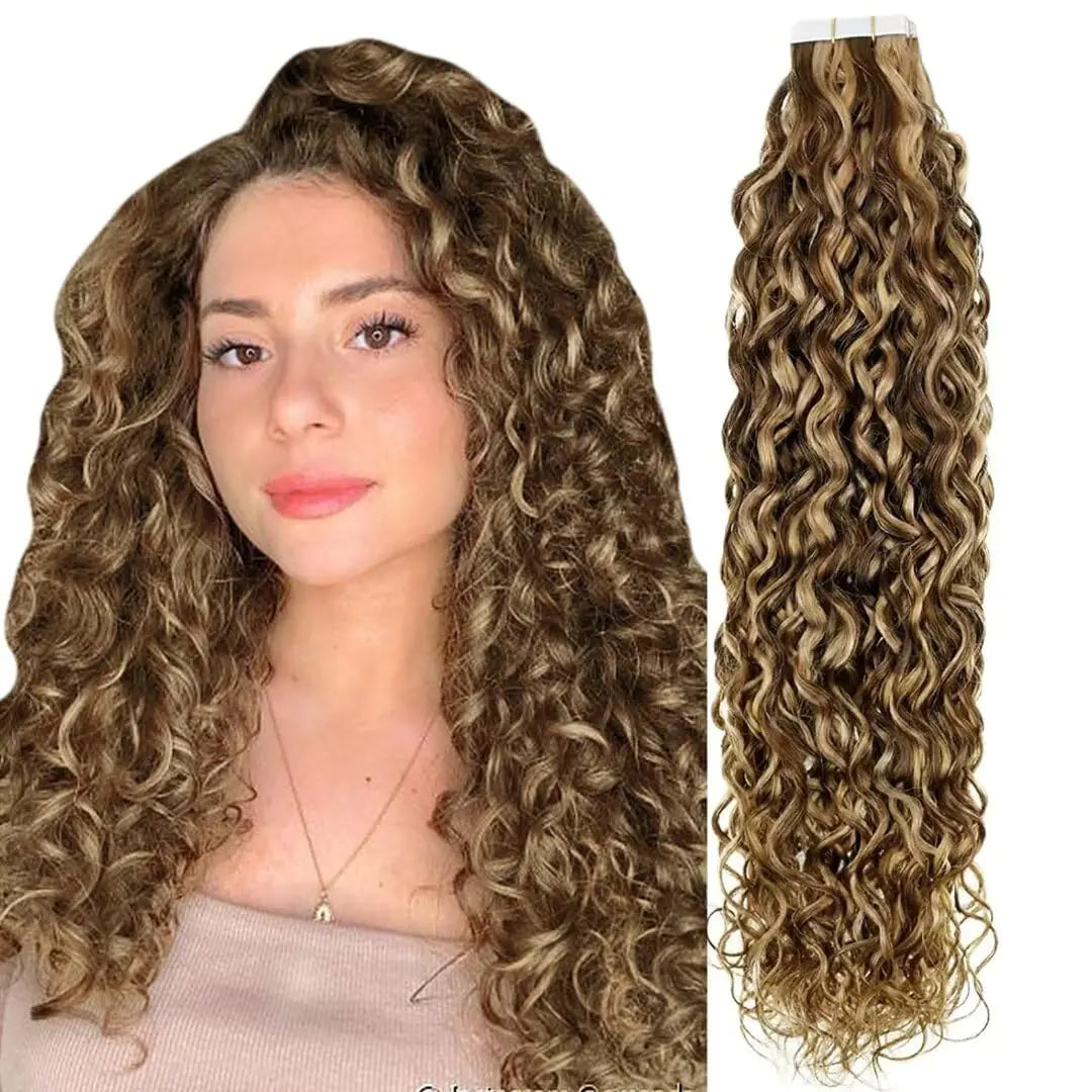 Hetto Curly Tape in Hair Extensions Human Hair Brown Highlighted Blonde Tape in Hair Extensions Real Human Hair Cutly Hair Tape in Extensions Human Hair Long Curly Hair Insivible 20 Inch 20pcs 50g
