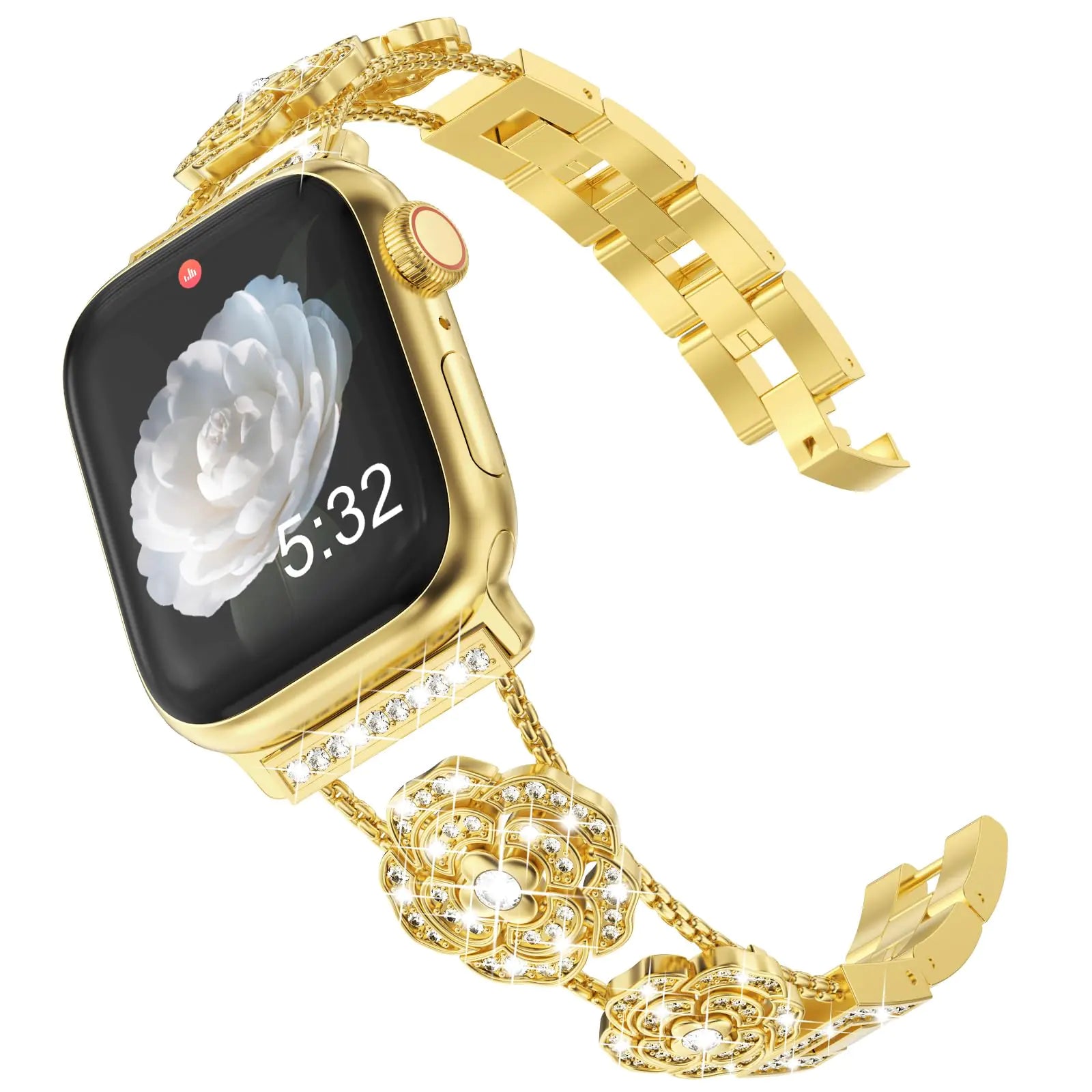 Surace Gold Apple Watch Bands for Women Compatible for Apple Watch Series 10 46mm 45mm 44mm 42mm 41mm 40mm 38mm Diamond Metal Band Jewelry Bracelet Camellia Dressy Apple Watch 10 9 8 7 6 5 4 3 2 1 SE