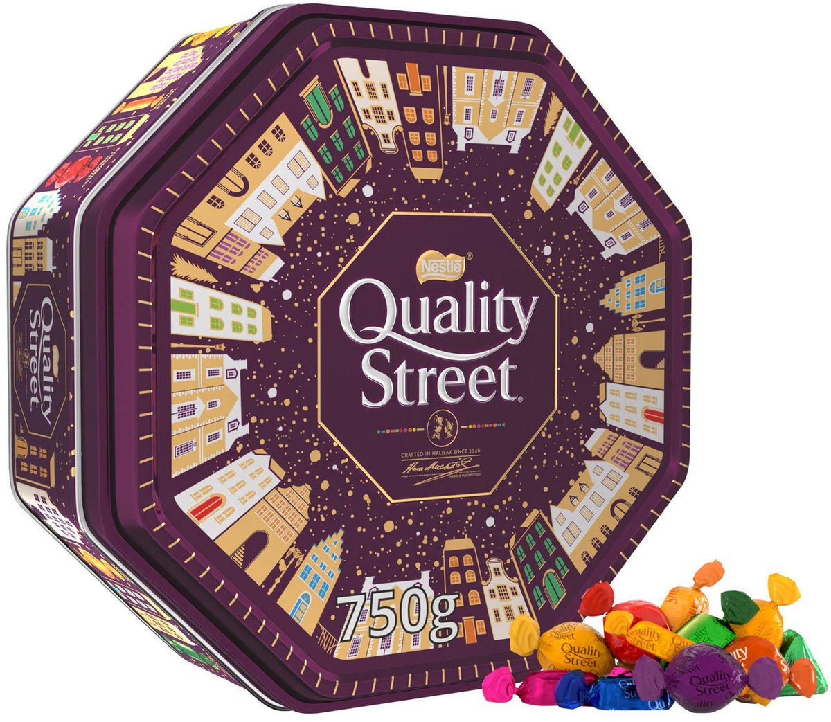 Nestlé Quality Street Gifting Tin containing assorted chocolates, 700g, with colorful wrapped candies in a decorative metal tin.