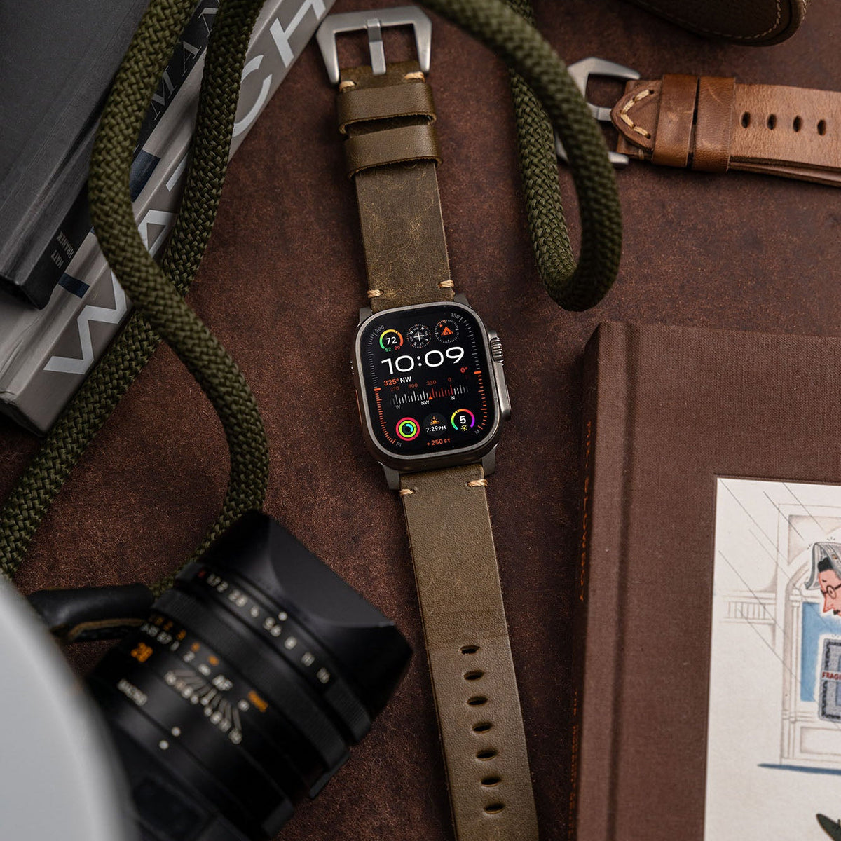 Robust Leather Strap R01 in olive green, flat lay view showcasing durable, stylish leather accessory for watches or bags.