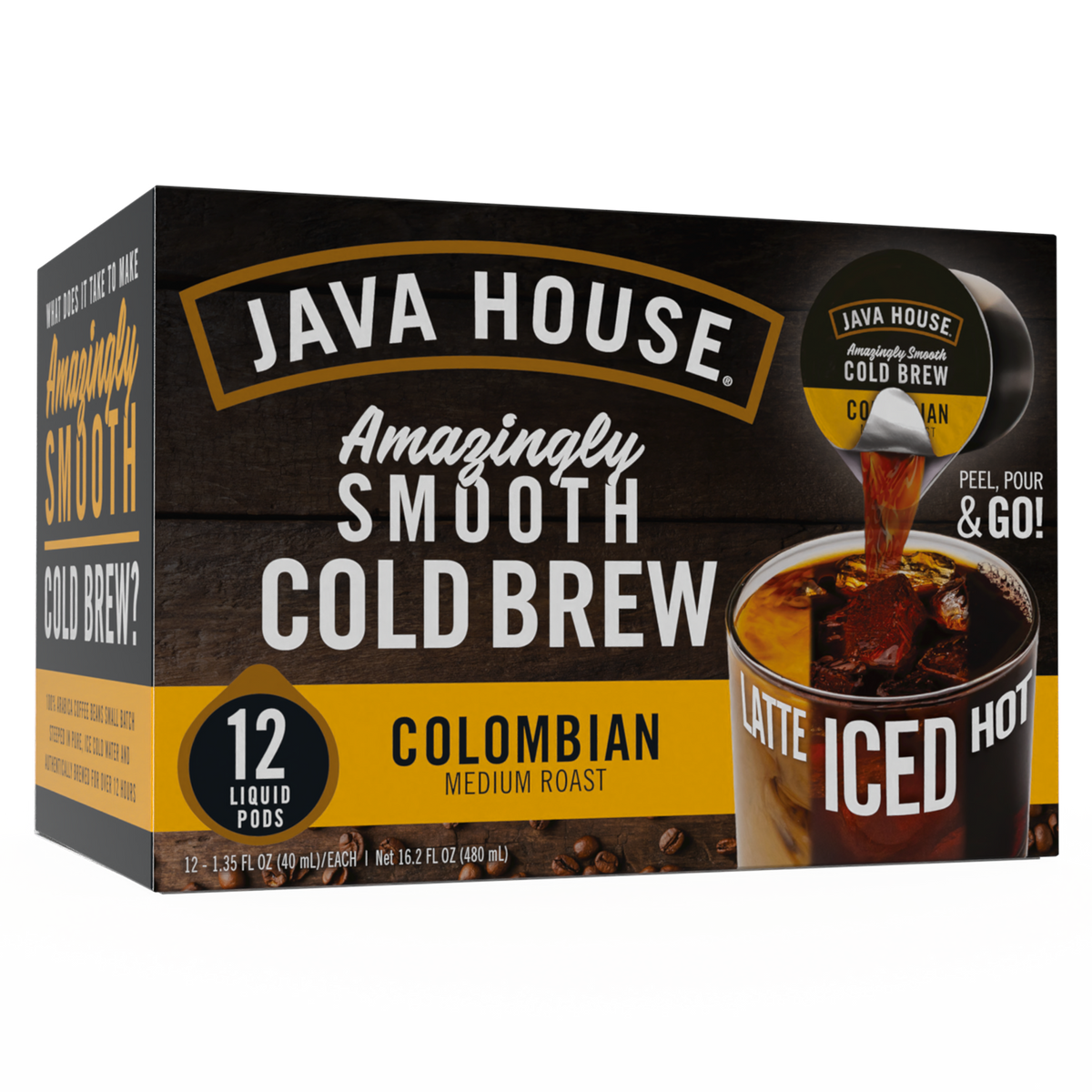 Java House Cold Brew Coffee Pods featuring Colombian coffee in a 12-count package, ready for brewing.
