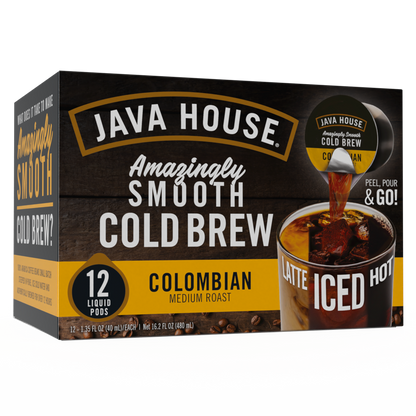 Java House Cold Brew Coffee Pods featuring Colombian coffee in a 12-count package, ready for brewing.