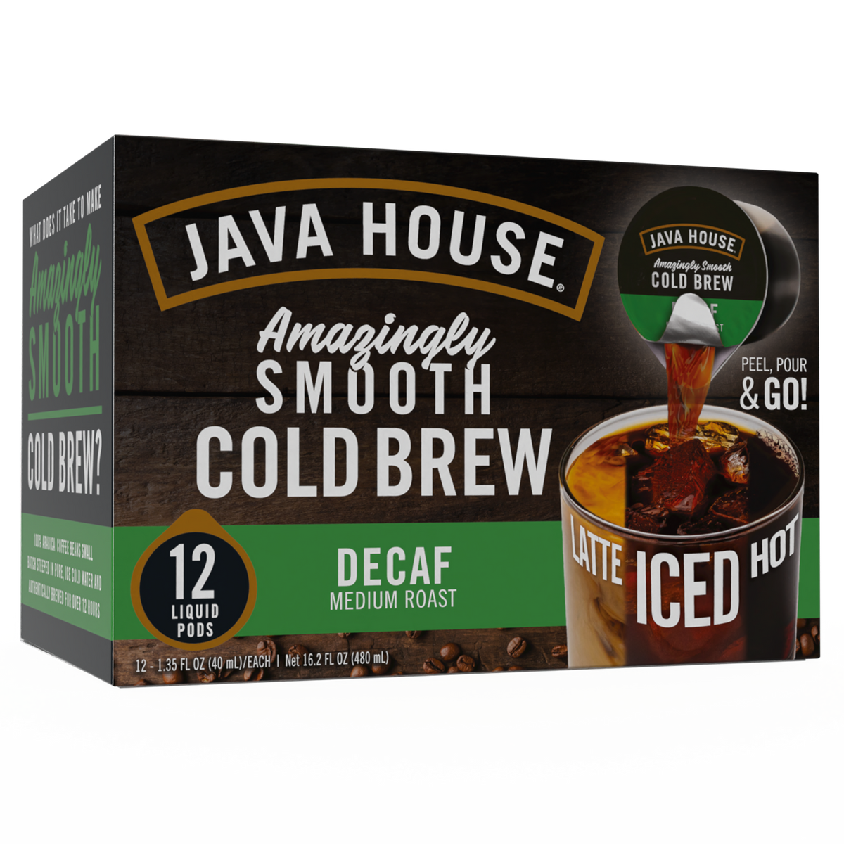 Java House Cold Brew Coffee Pods, 12-count decaf espresso pods in a horizontal arrangement, for use with compatible coffee machines.