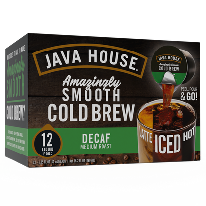Java House Cold Brew Coffee Pods, 12-count decaf espresso pods in a horizontal arrangement, for use with compatible coffee machines.