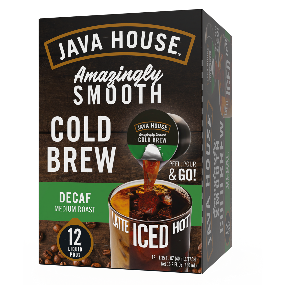 Java House decaf cold brew coffee pods in a 12-count pack, featuring easy-to-use single-serve coffee pods for fresh, smooth flavor.