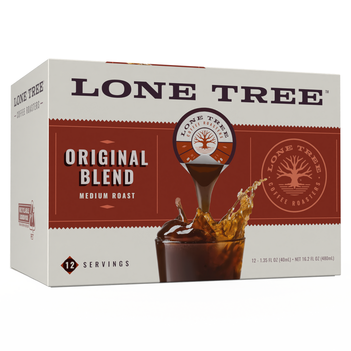 Medium roast coffee carton from Java House's Lone Tree Coffee Roasters, Original Blend, 12-count box with coffee bags.