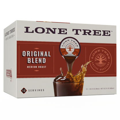 Medium roast coffee carton from Java House's Lone Tree Coffee Roasters, Original Blend, 12-count box with coffee bags.