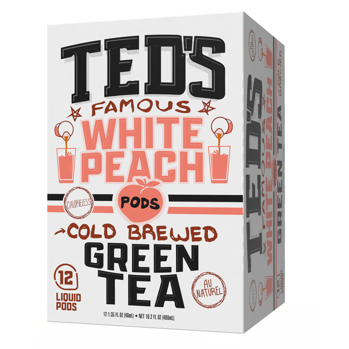 Java House Ted's Famous White Peach Cold Brew Green Tea in a 12-count carton, showing tea pods with peach flavor and green tea.