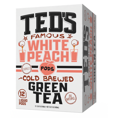 Java House Ted's Famous White Peach Cold Brew Green Tea in a 12-count carton, showing tea pods with peach flavor and green tea.