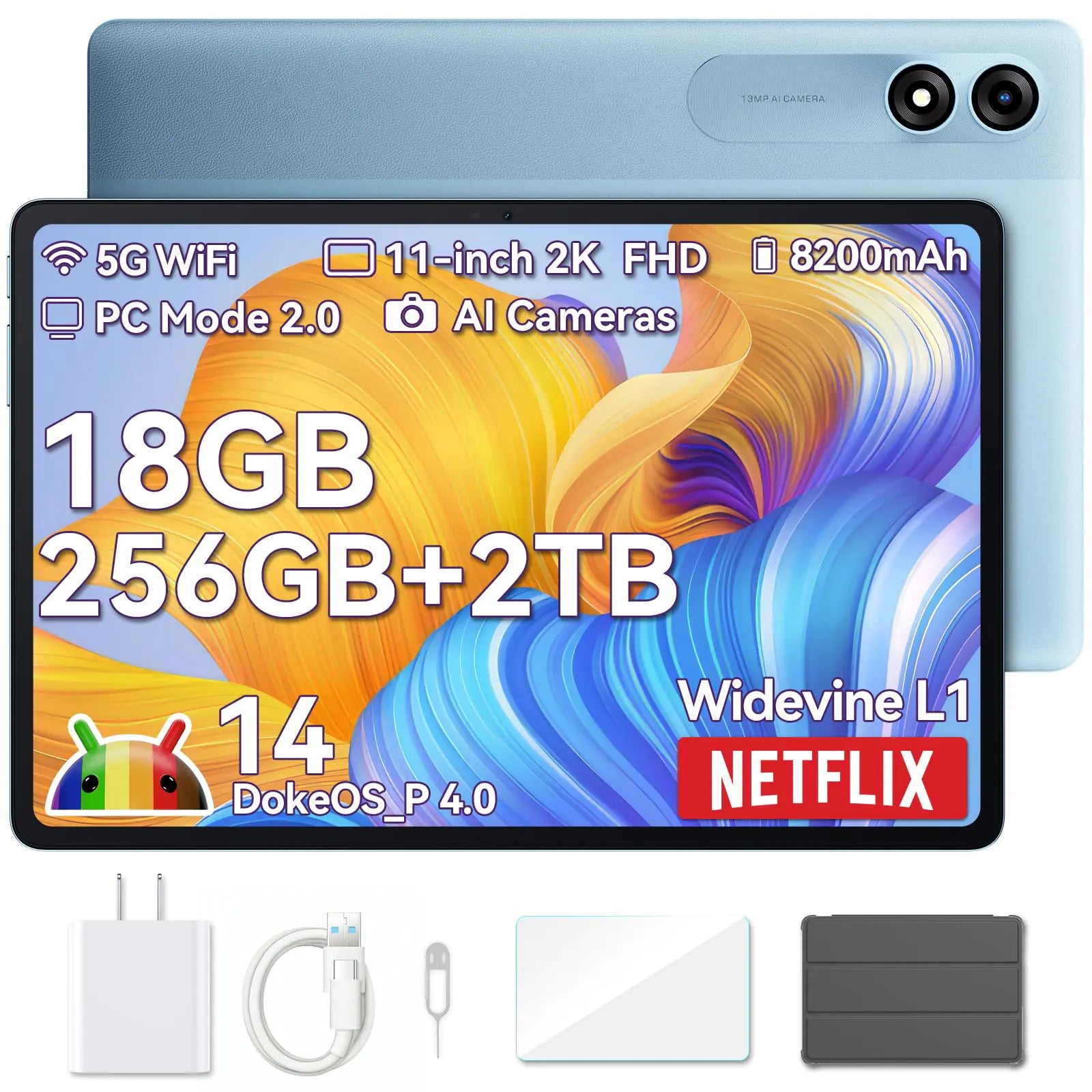 Blackview 2024 Tablet 11 inch Android 14 Tablets 9WiFi with 18GB+256GB Storage(Expand to 2TB) Octa-core CPU 2.4K FHD Display Widevine L1 8200mAh 5G WiFi 13MP+8MP/Face ID/PC Mode Blue