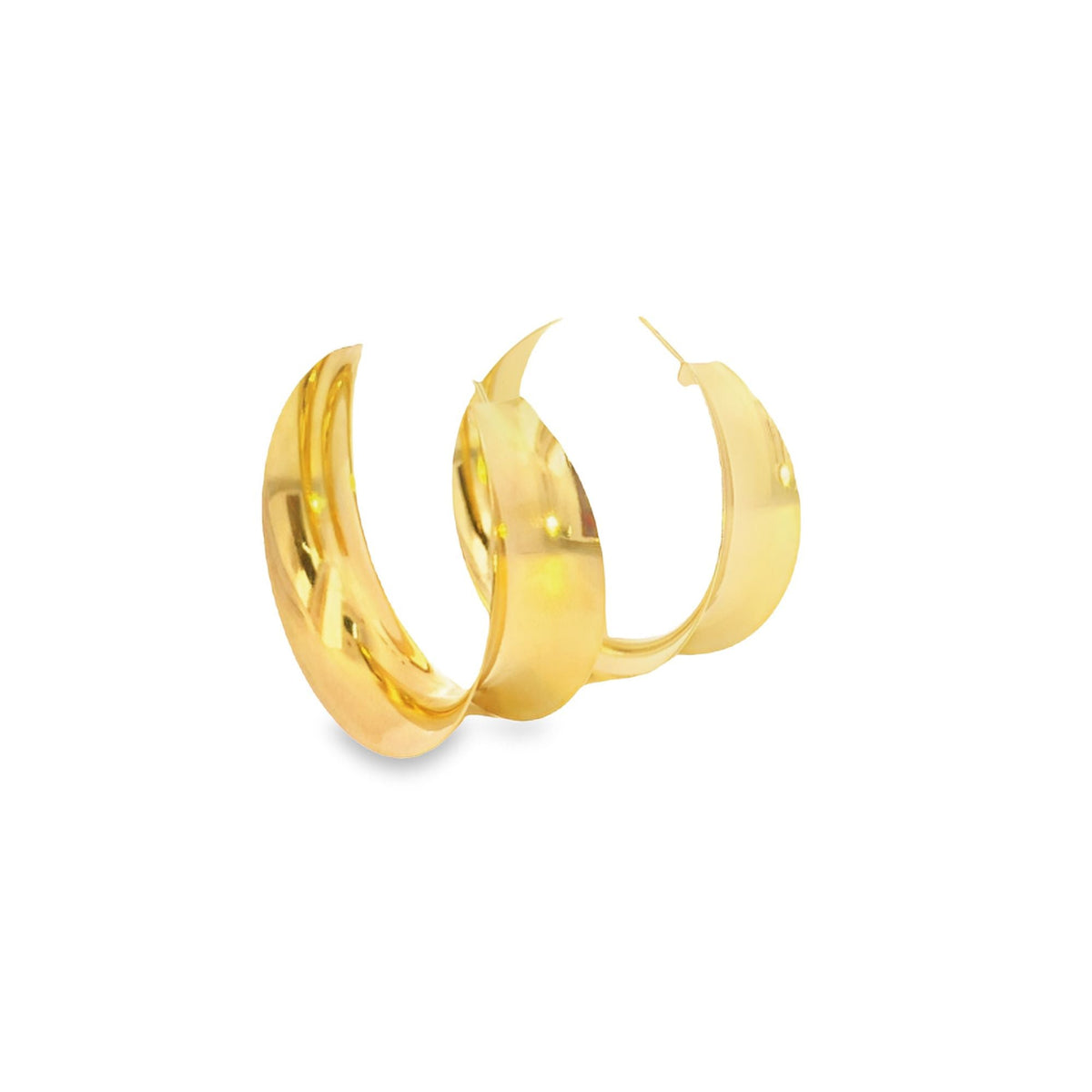 18K gold filled curved wide minimalist hoops by MIA Jewelry, showcasing sleek, modern design with a polished finish.