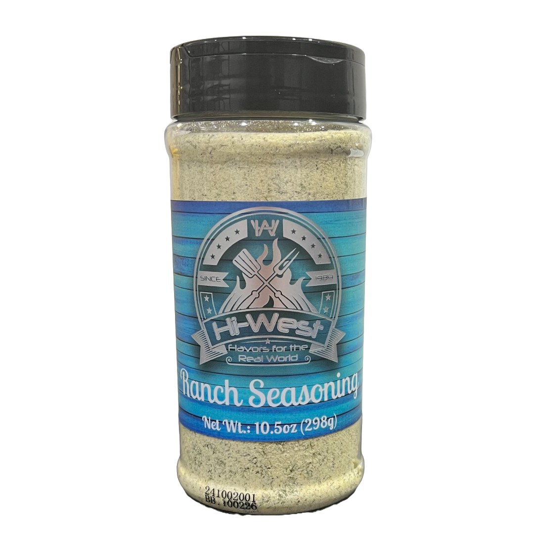 Hi-West Ranch Seasoning jar from Hi-West Foods, Inc. with a label showing ranch spice blend and seasoning ingredients.
