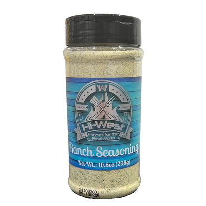 Hi-West Ranch Seasoning jar from Hi-West Foods, Inc. with a label showing ranch spice blend and seasoning ingredients.