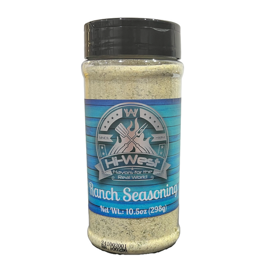 Hi-West Ranch Seasoning jar from Hi-West Foods, Inc. with a label showing ranch spice blend and seasoning ingredients.