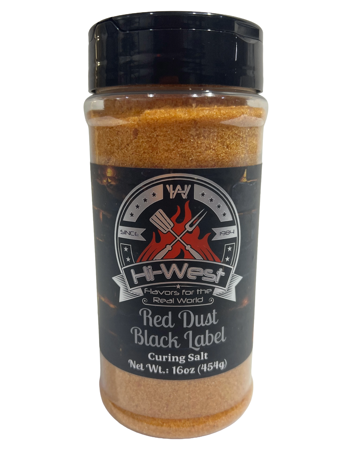 Hi-West Red Dust Black Label curing salt in a clear container, showing red dust curing salt for meat preservation.