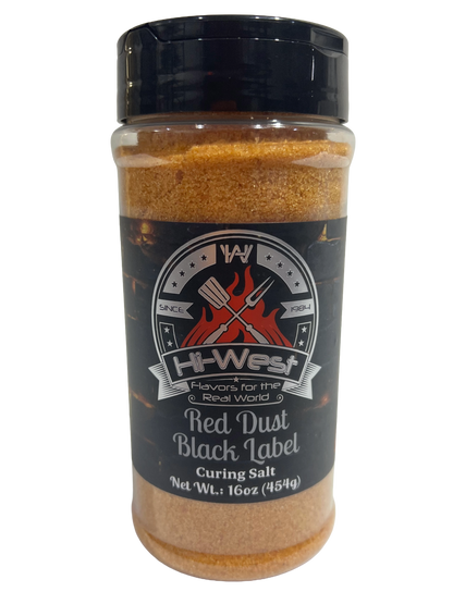Hi-West Red Dust Black Label curing salt in a clear container, showing red dust curing salt for meat preservation.