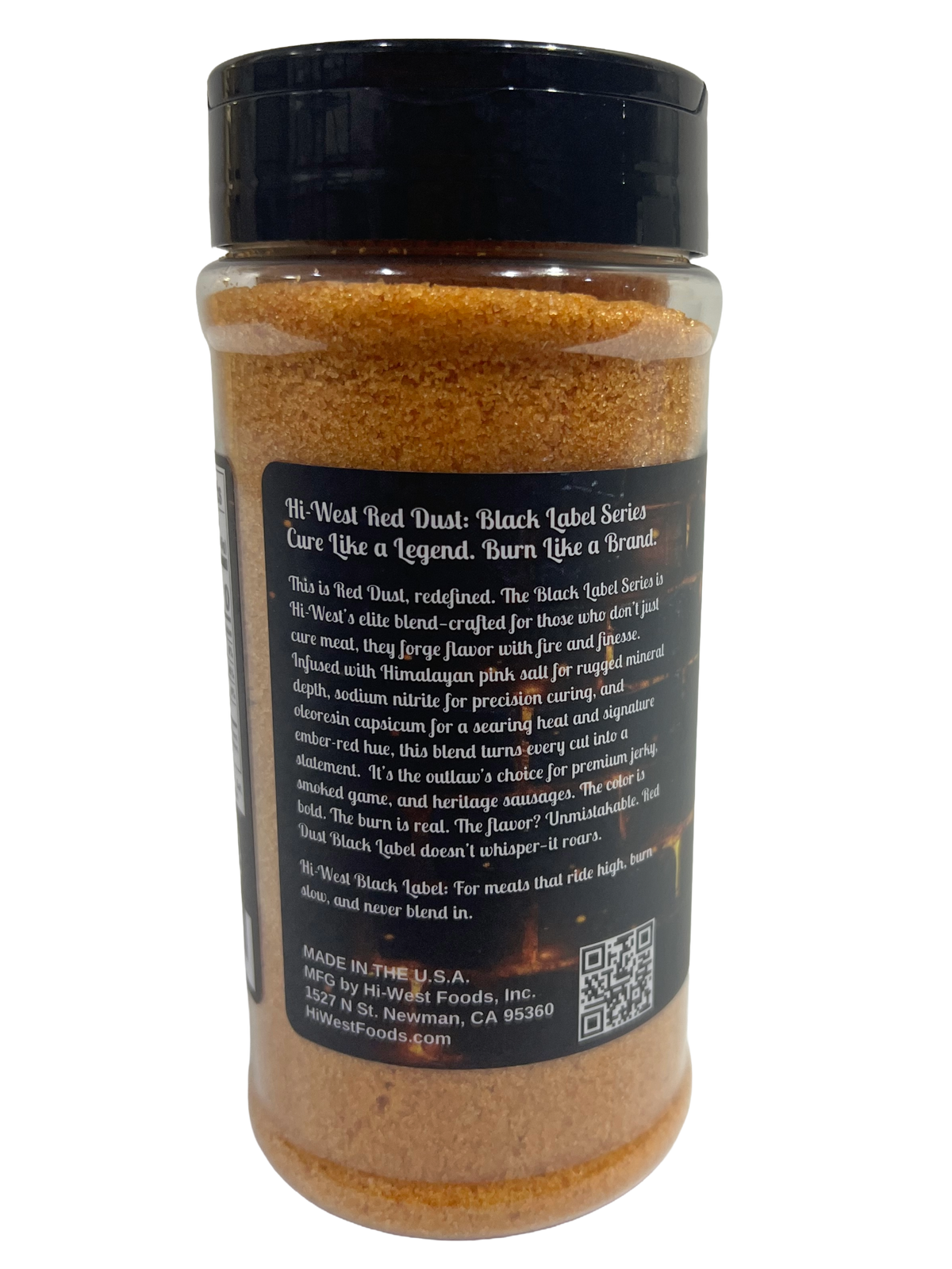 Hi-West Red Dust Black Label Curing Salt in a clear container, showcasing its vibrant red color for curing meats.