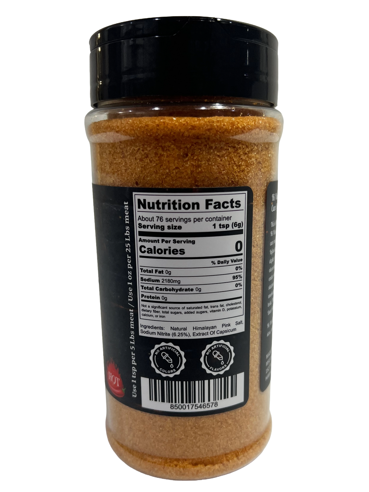 Hi-West Red Dust Black Label Curing Salt in a clear container, showing the fine red curing salt grains.