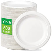 Greconv 500 Pack Paper Plates Bulk 7 inch Small Paper Plates 100% Compostable Paper Plates Eco Friendly Disposable Plates White Paper Plates Heavy Duty for Dessert Cake