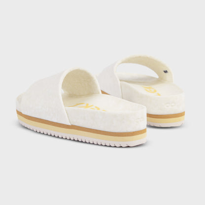 Fleks East Beach Slide Platform in chamois color, featuring a comfortable slip-on design and platform sole.