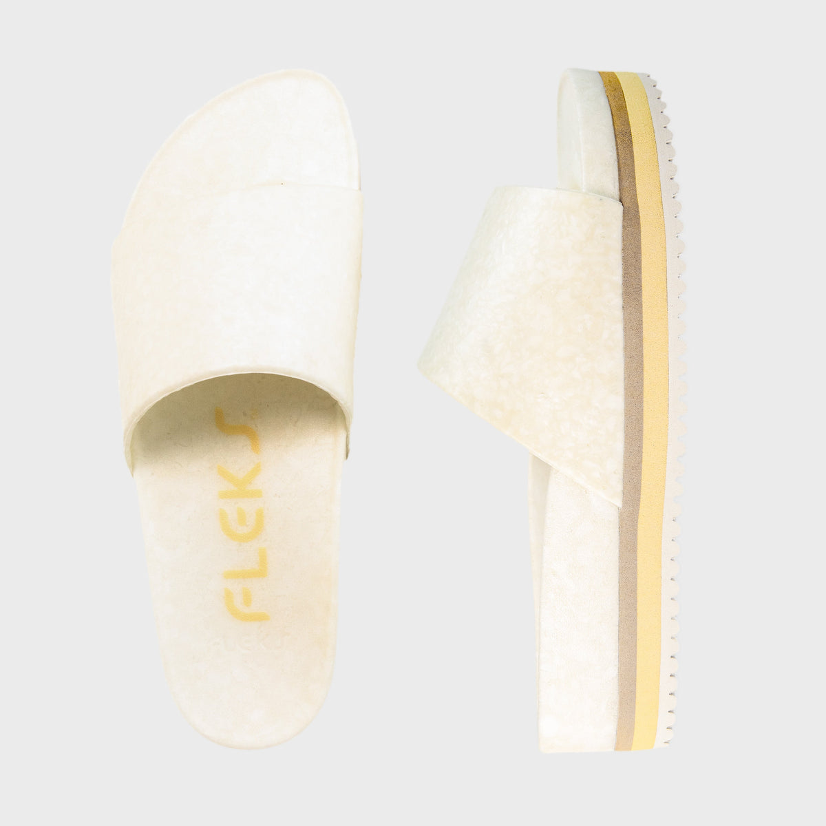 Fleks East Beach Slide Platform in chamois color, featuring a comfortable slip-on design with platform sole, shown from top view