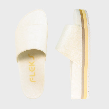 Fleks East Beach Slide Platform in chamois color, featuring a comfortable slip-on design with platform sole, shown from top view