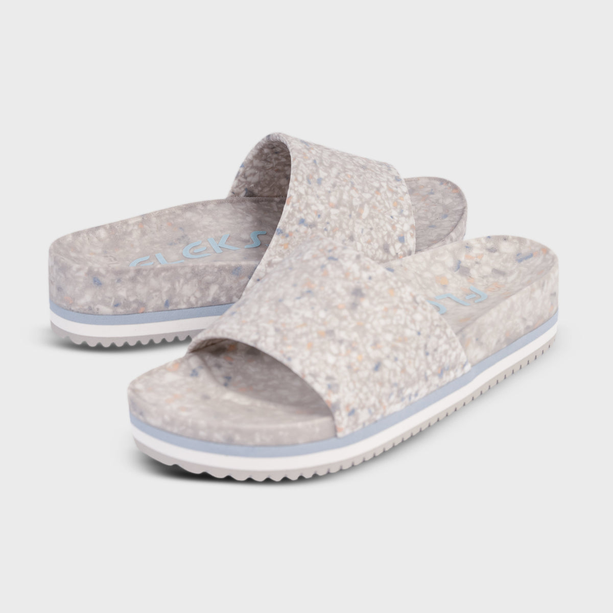 Fleks East Beach Slide Platform in faded denim with thick sole and open toe design, casual summer footwear.