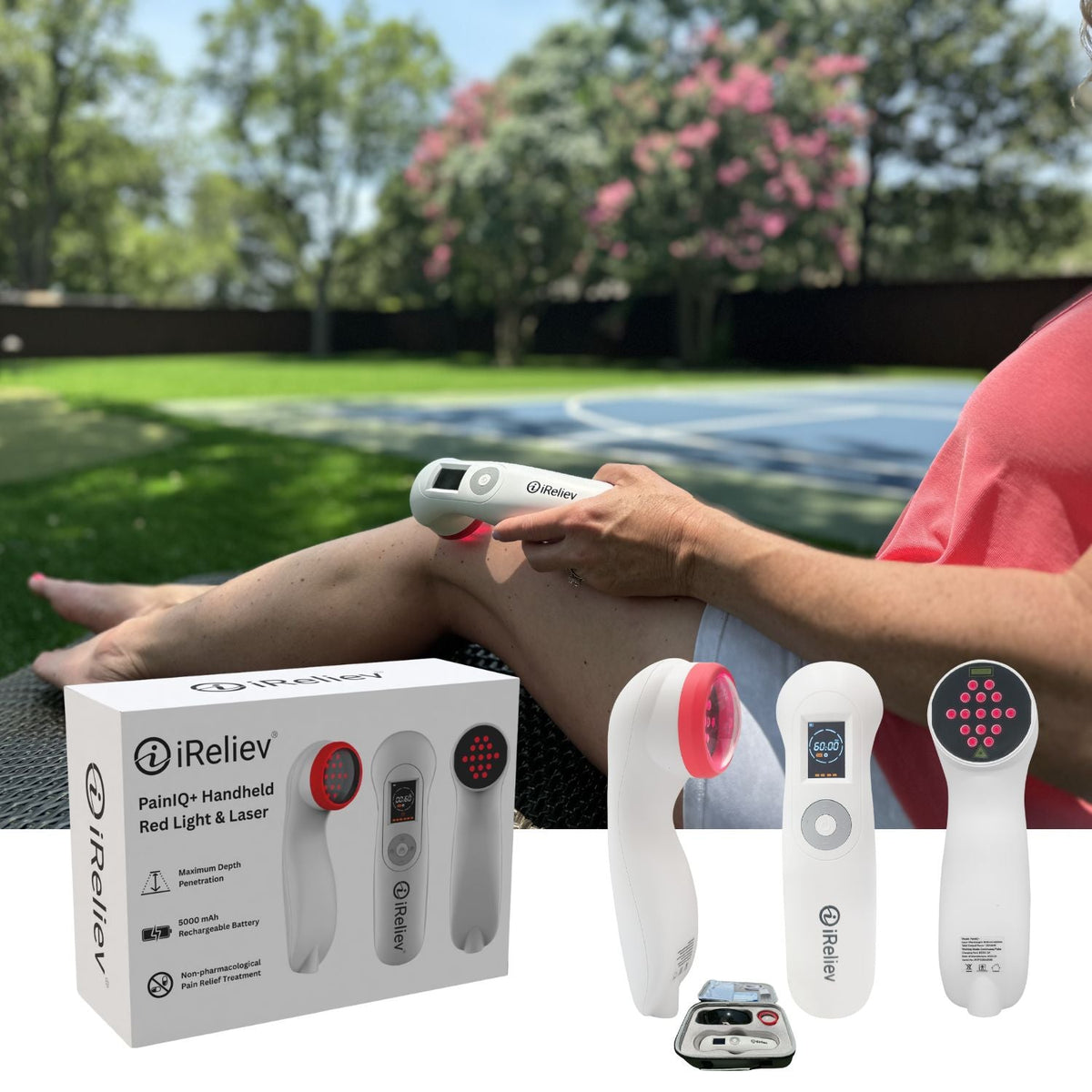 iReliev PainIQ+ laser therapy device with red light and infrared laser for pain relief, shown in a compact, handheld design.