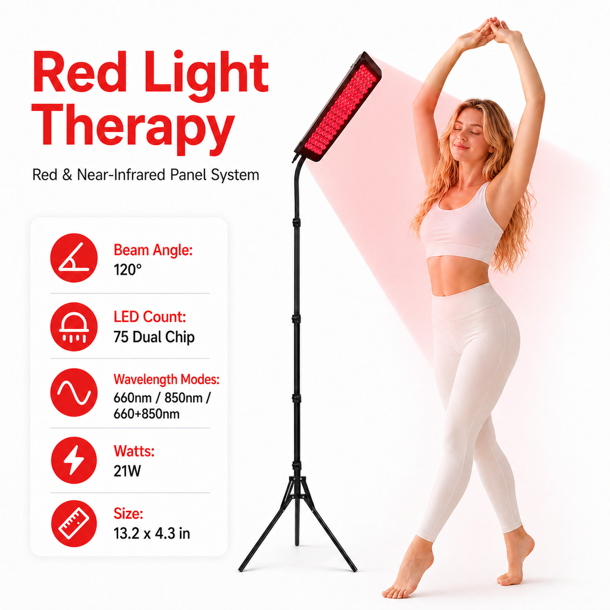 iReliev FullGlow™ red light therapy panel with 75 LEDs for red light and near-infrared therapy, shown on a white background.