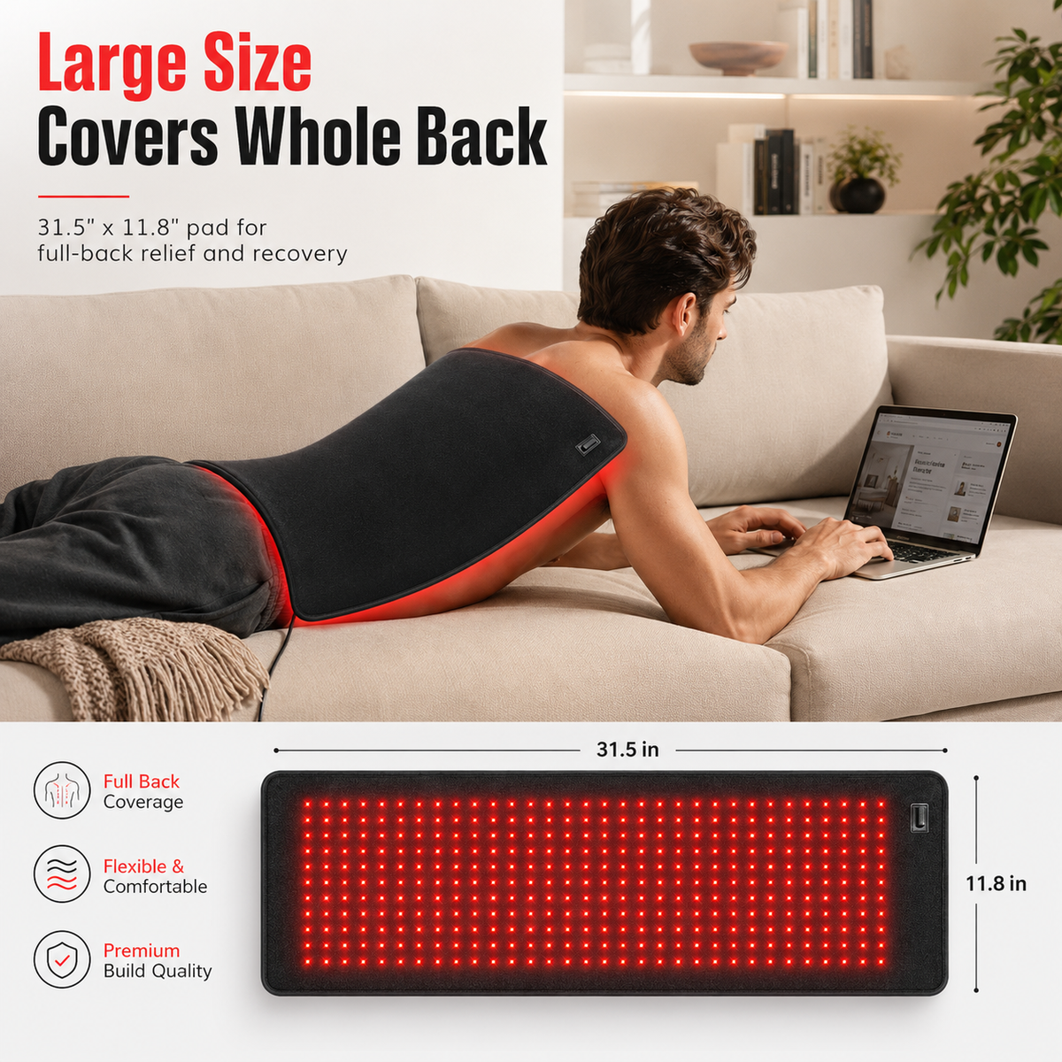 iReliev FullGlow™ Red Light & Near Infrared Therapy Pad covering the whole back for pain relief and skin rejuvenation.