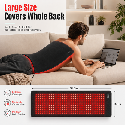 iReliev FullGlow™ Red Light & Near Infrared Therapy Pad covering the whole back for pain relief and skin rejuvenation.