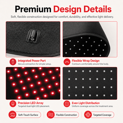 iReliev FullGlow™ red light and near infrared therapy pad with 240 LED panels for full-body red light therapy treatment.