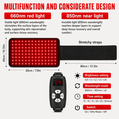 iReliev FullGlow™ Red Light and Near Infrared Therapy Wrap showing adjustable design and LED light panels for targeted treatment.