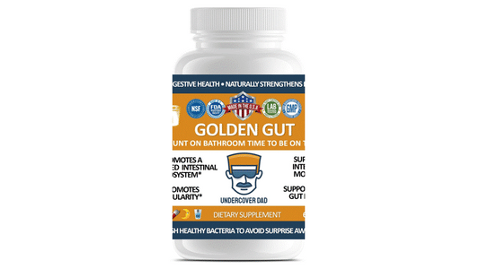Golden Gut probiotic supplement with 40 billion CFUs, featuring capsules in a blister pack from UNDERCOVER DAD, LLC.