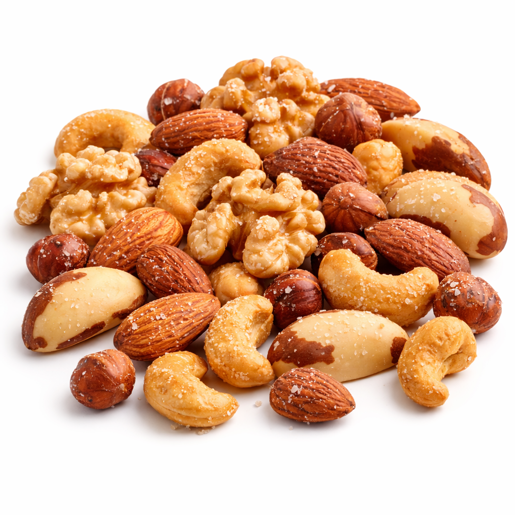 Mixed roasted salted nuts snack in a bulk value bag by Candy In Bulk, showing a variety of nuts including almonds, cashews, and peanuts.