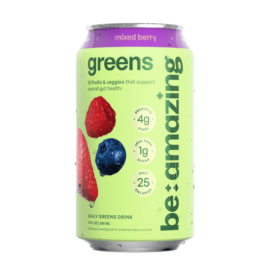 Be Amazing Daily Greens Drink in mixed berry flavor, ready-to-drink nutritional beverage with vibrant berry colors and fresh fruit visuals.