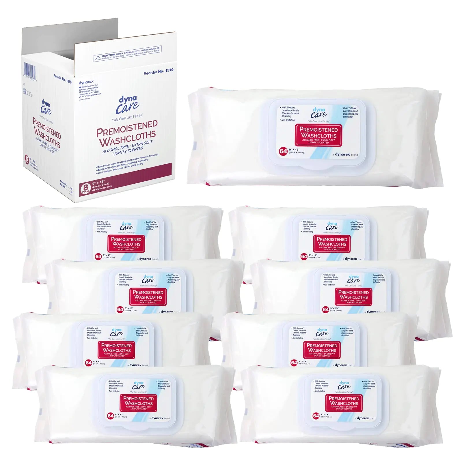 Dynarex Personal Cleansing Washcloth - Pre-Moistened Wet Wipes with Lanolin & Aloe Vera - Disposable Sheets for Incontinence Personal Care Make-Up Removal 1 Case - 8 Refill Packs of 64 Wipes