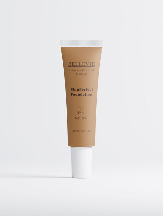 BelleVie Cosmétiques Peptide Skin-Perfecting Foundation in 30 Tan Neutral, showing smooth, balanced coverage on tan skin.