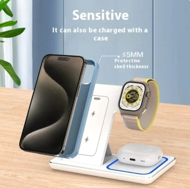 3-in-1 LED Fast Wireless Charger Stand – Foldable Charging Station for iPhone, Apple Watch & AirPods (Black/White)