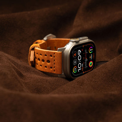 Brown Robust racing leather strap with detailed stitching, designed for style and durability in high-performance watches.